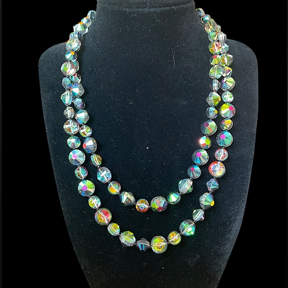 Vintage Aurora Borealis Faceted Crystal Bead Opera Length Necklace